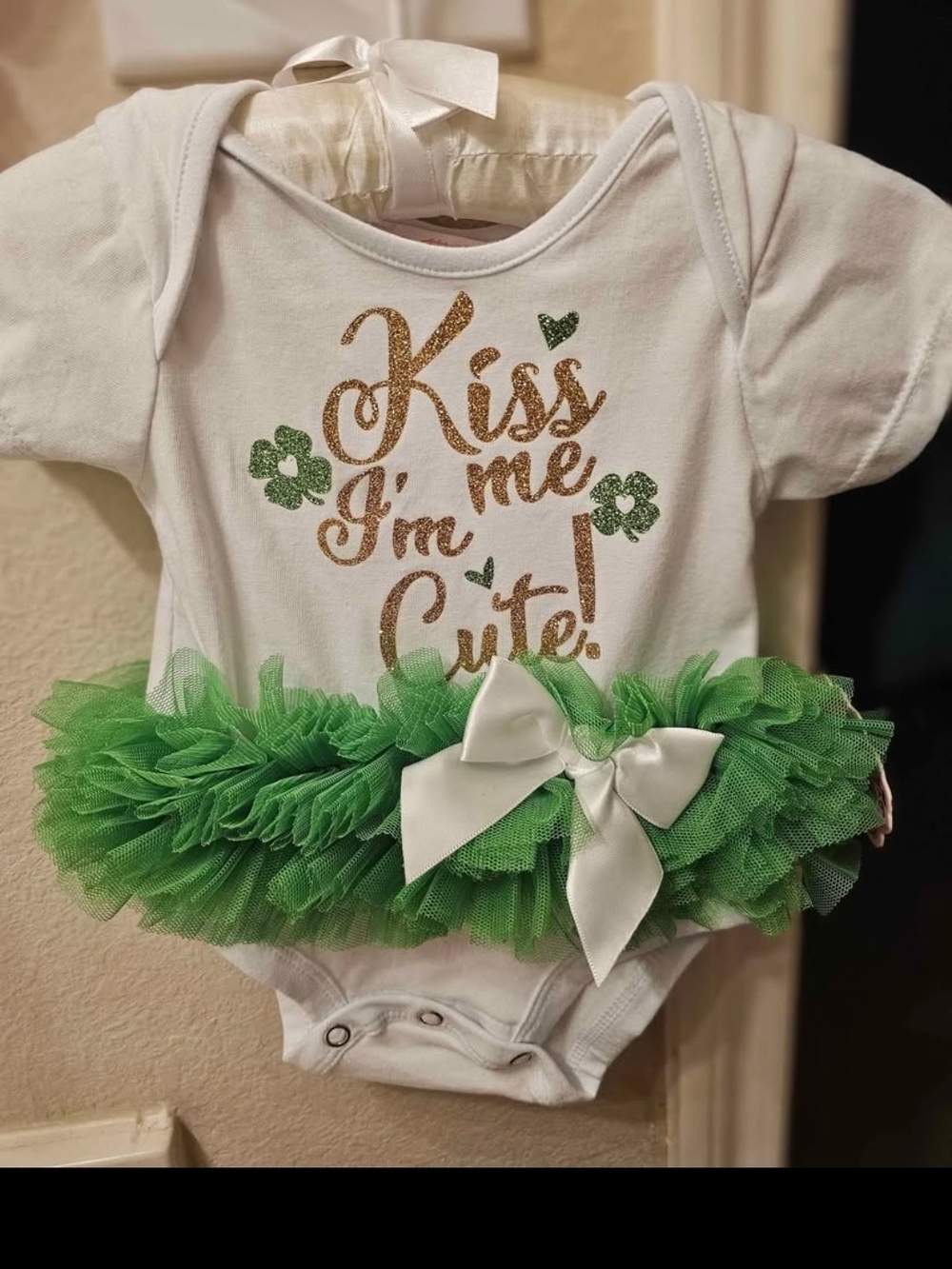 Popatu White Onesie with Green Tulle Skirt and Gold Glitter Text